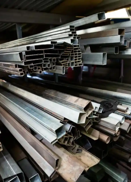 A stack of various metal profiles, including rectangular tubes and other shaped steel sections, stored in an industrial warehouse.