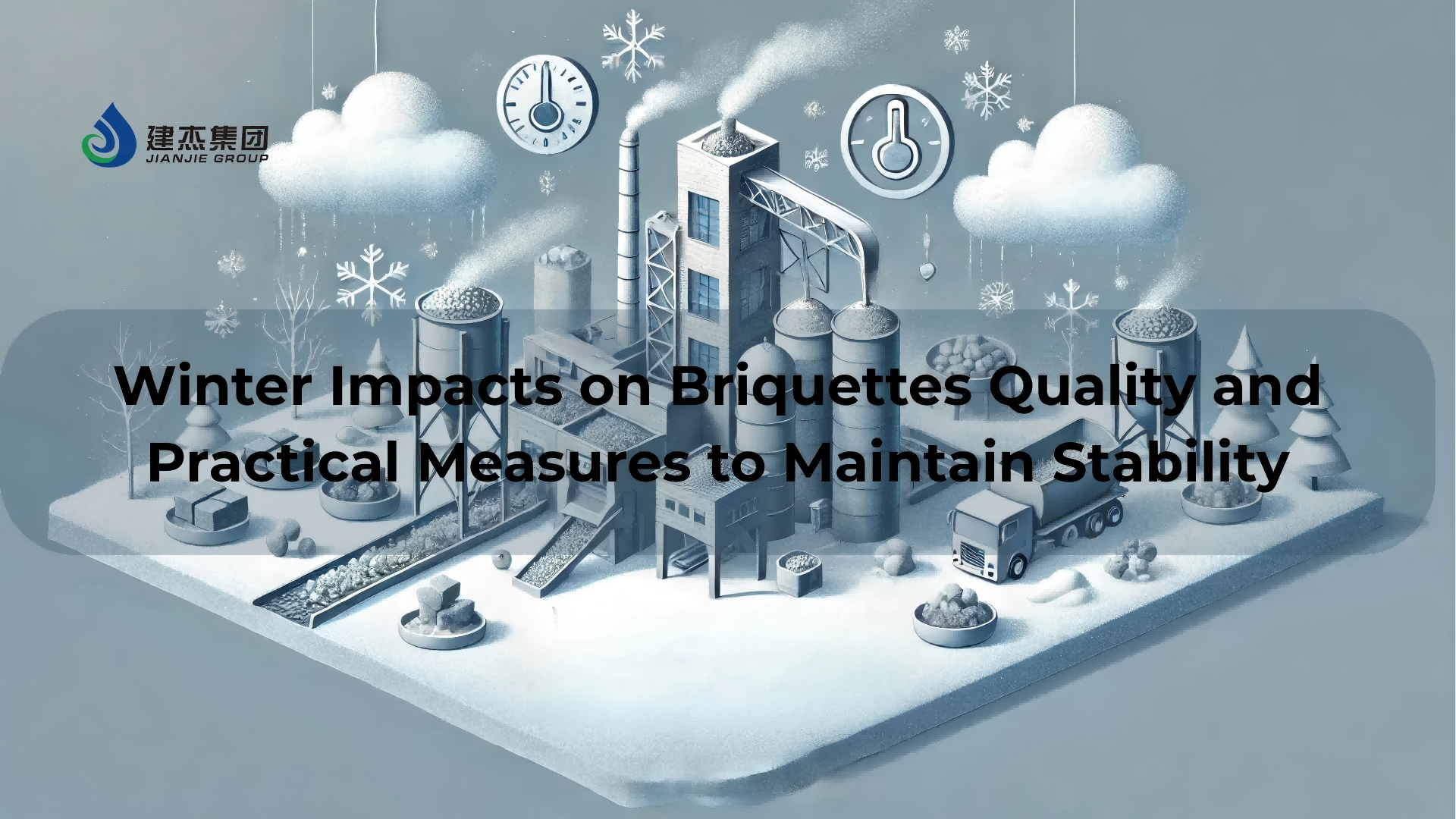 3D illustration for Jianjie Group Winter impacts on briquettes quality & stability measures, showing briquette production facilities (silos, factory, truck) with snowflakes, clouds, and thermometers.