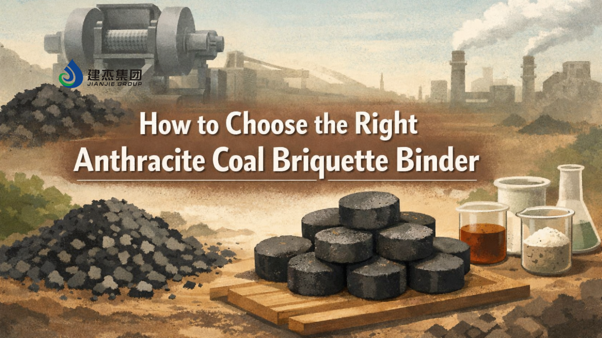 Banner-showing-anthracite-coal-briquettes-coal-powder-and-lab-flasks-with-the-title-‘How-to-Choose-the-Right-Anthracite-Coal-Briquette-Binder