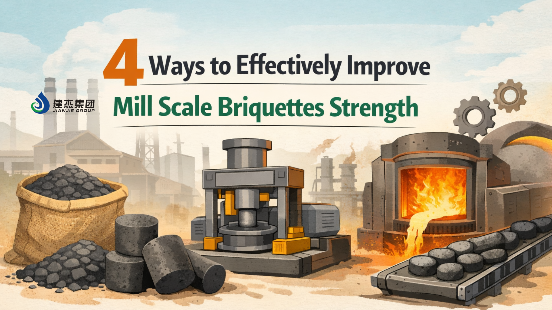 Illustrated banner showing a mill scale briquetting scene with briquettes, a press machine, and a furnace, titled “4 Ways to Effectively Improve Mill Scale Briquettes Strength