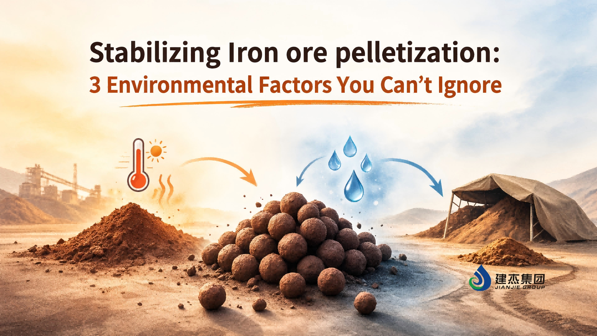 Banner illustration showing iron ore pellets with temperature and humidity symbols, representing environmental factors in iron ore pelletization.