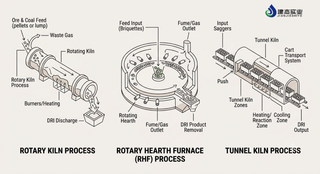 coal based direct reduction process, rotary kiln, rotary hearth furnace, tunnel kiln